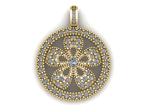 Vintage Floral Diamond Disc Pendant Intricate Beaded Gold Jewelry Design 3D Print Model