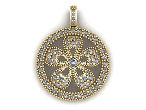 Vintage Floral Diamond Disc Pendant Intricate Beaded Gold Jewelry Design 3D Print Model