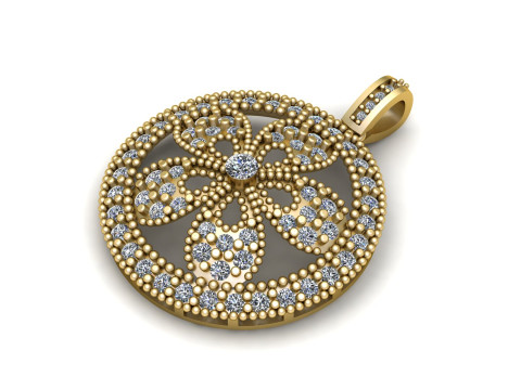 Vintage Floral Diamond Disc Pendant Intricate Beaded Gold Jewelry Design 3D Print Model