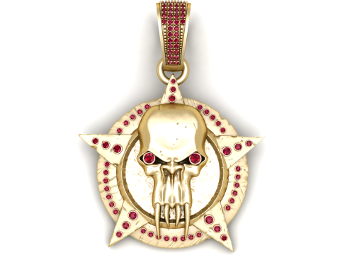 Totenkopf-Stern-Medaillon-Anhänger mit Rubinfassungen 3D Modell