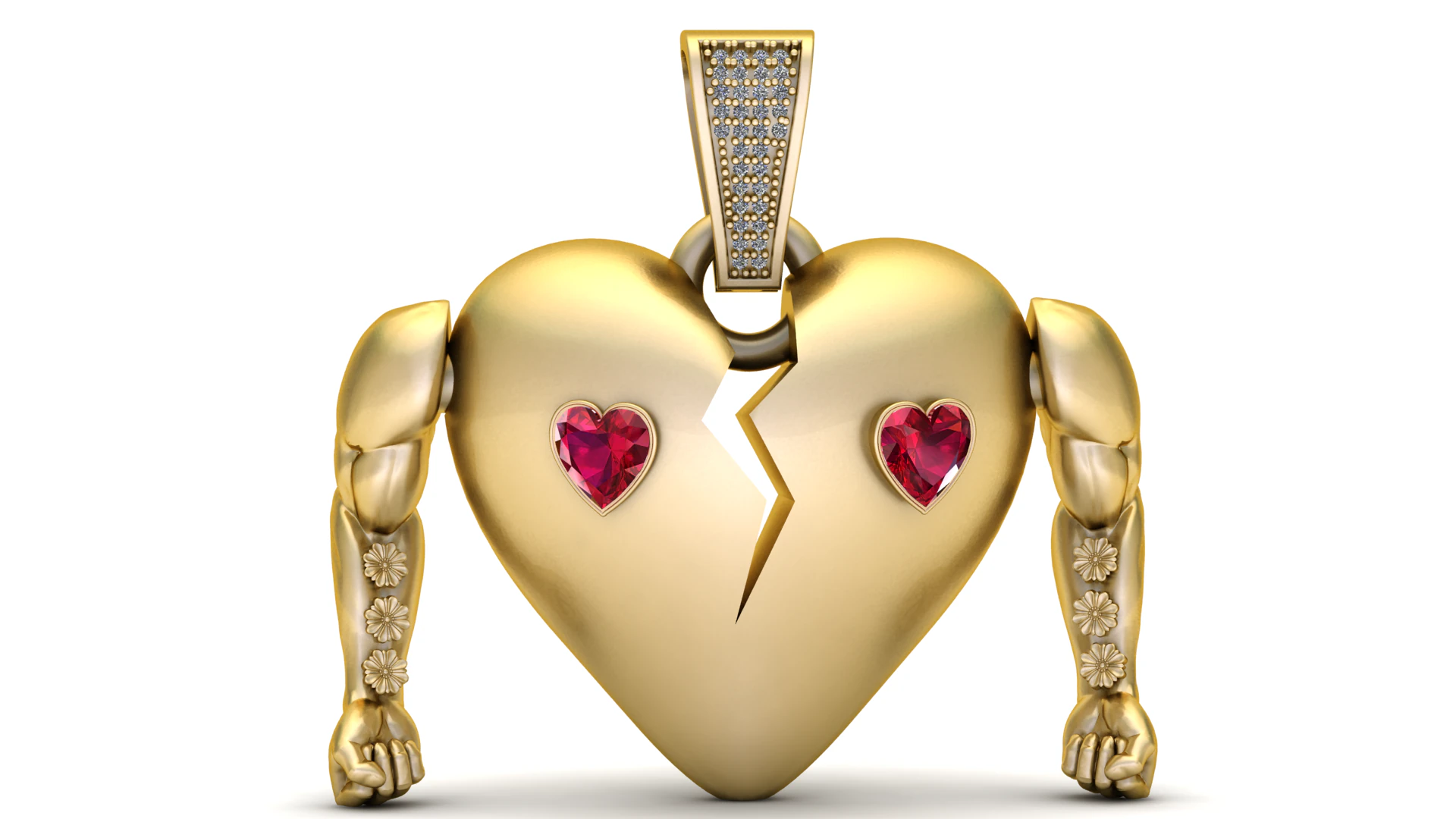 Broken Heart Muscle Pendant with Ruby Stones 3D Model .c4d .max .obj .3ds .fbx .stl .blend 