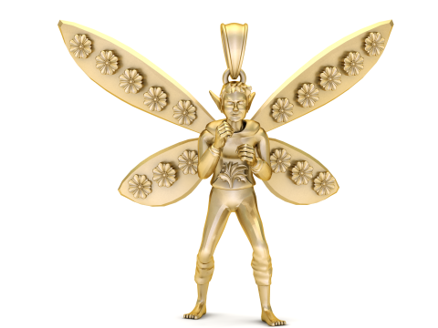 Feenanhänger aus 18-karätigem Gold mit floral gravierten Flügeln 3D Modell