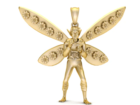 Feenanh&auml;nger aus 18-kar&auml;tigem Gold mit floral gravierten Fl&uuml;geln 3D Modell