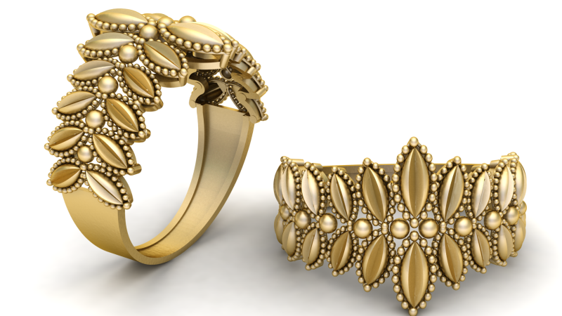 K&ouml;niglicher goldener Bandring mit Blumenmuster und Perlen 3D Modell .c4d .max .obj .3ds .fbx .stl .blend 