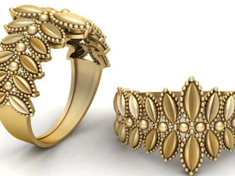 Anillo de banda de oro con patr&oacute;n floral de cuentas reales Modelo 3D