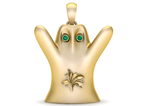 Luksusowy wisiorek w kształcie złotego ducha ze szmaragdowymi oczami na Halloween Model 3D