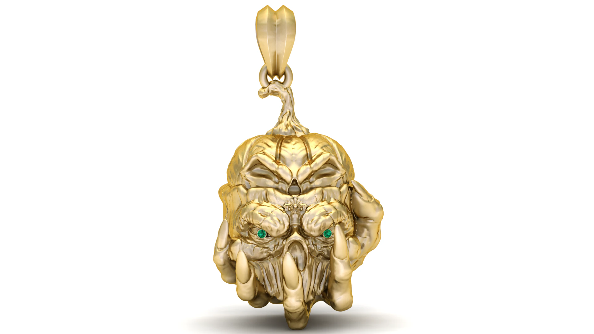 Gold Pumpkin Skull Pendant with Green Gemstone Eyes 3D Model .c4d .max .obj .3ds .fbx .stl .blend
