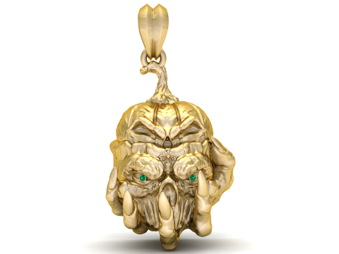 Золотой кулон в виде тыквенного черепа и зеленых глаз из драгоценных камней 3D Модель