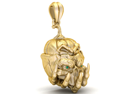 Gold Pumpkin Skull Pendant with Green Gemstone Eyes 3D Model