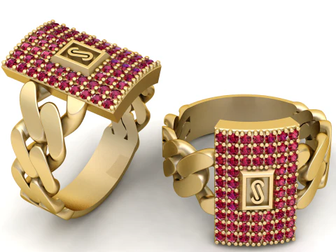 Anillo de sello de rub&iacute; y enlace cubano helado con placa inicial Modelo 3D