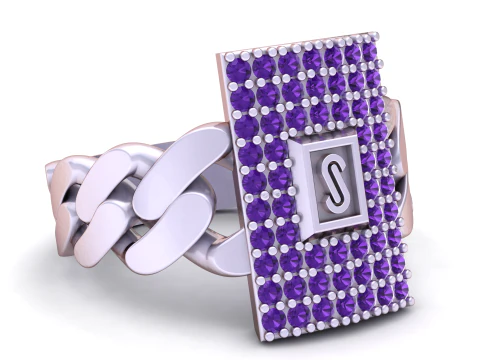Cincin Stempel Ruby Iced Cuban Link dengan Pelat Awal Model 3D
