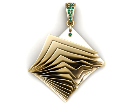 Luxury Folded Pages Gold Pendant with Emerald Bail Modern Statement Charm 3D Model