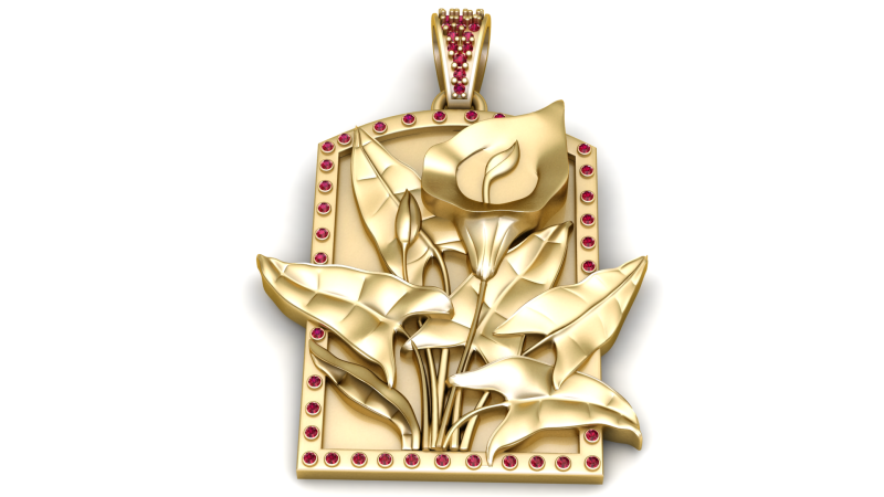 Luxuri&ouml;ser Goldanh&auml;nger mit Calla-Lilien-Rubinrahmen 3D Modell .c4d .max .obj .3ds .fbx .stl .blend 