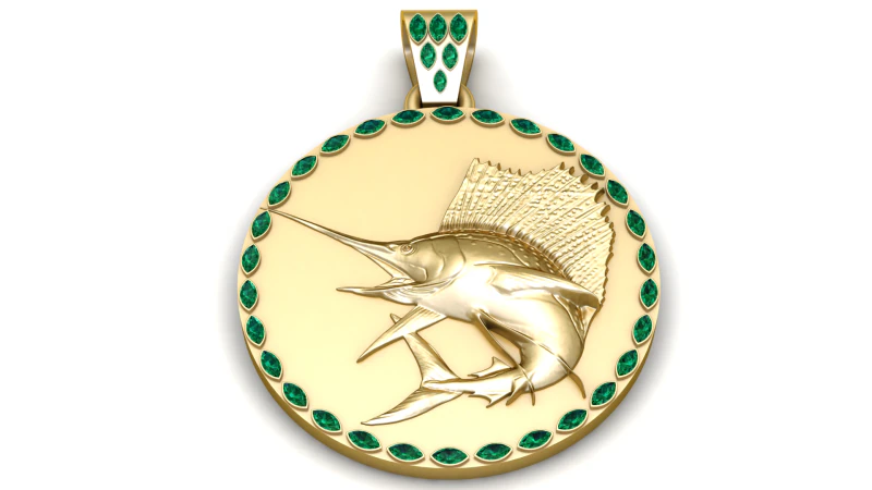 奢华金旗鱼奖章吊坠带祖母绿光环 3D 模型 .c4d .max .obj .3ds .fbx .stl .blend 
