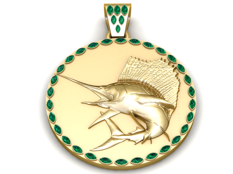 Luxuriöser Gold-Segelfisch-Medaillon-Anhänger mit Smaragd-Halo 3D Modell