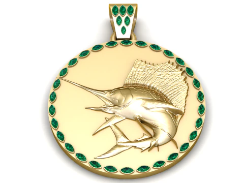Colgante de medall&oacute;n de pez vela dorado de lujo con halo de esmeralda Modelo 3D