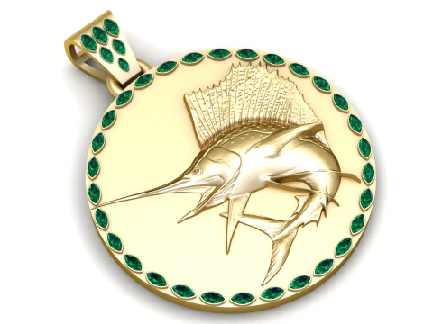 奢华金旗鱼奖章吊坠带祖母绿光环 3D 模型