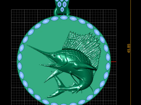奢华金旗鱼奖章吊坠带祖母绿光环 3D 模型