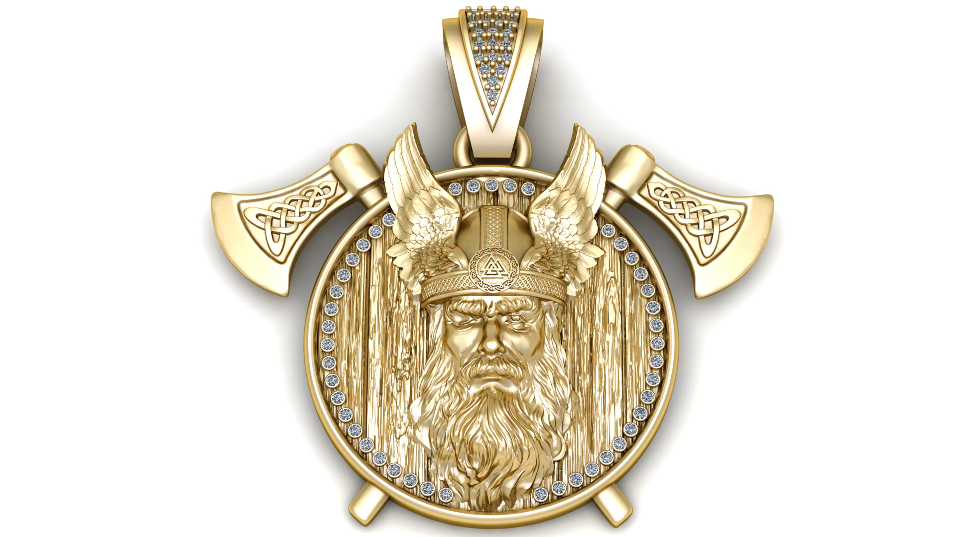 Viking Warrior Gold Medallion Pendant with Diamond Halo and Battle Axes 3D Model .c4d .max .obj .3ds .fbx .stl .blend 