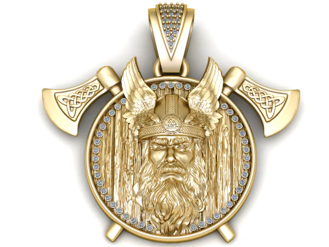 Colgante de medall&oacute;n de oro de guerrero vikingo con halo de diamantes y hachas de batalla Modelo 3D