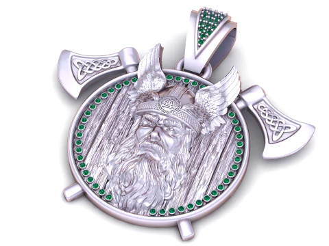 Viking Warrior Gold Medallion Pendant with Diamond Halo and Battle Axes 3D Model