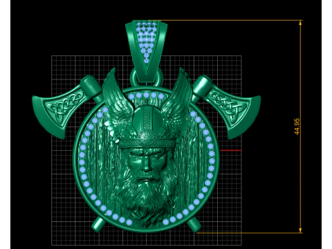 Viking Warrior Gold Medallion Pendant with Diamond Halo and Battle Axes 3D Model
