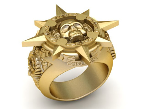 Кольцо-печатка с черепом и солнечными лучами 3D Принт Модель