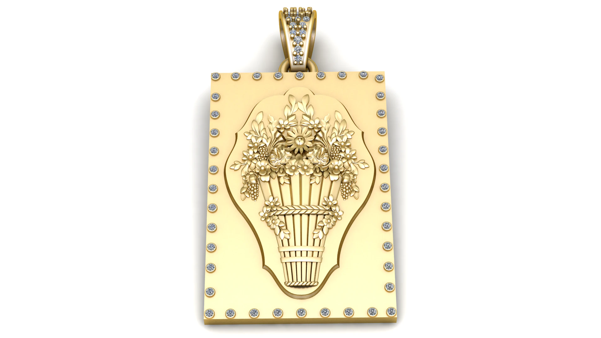 Luxury Floral Basket Gold Pendant with Diamond Border 3D Model .c4d .max .obj .3ds .fbx .stl .blend 