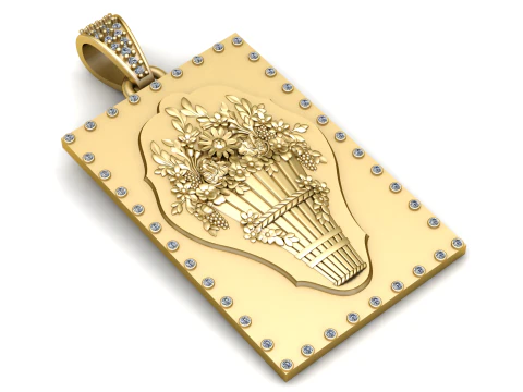 Luxury Floral Basket Gold Pendant with Diamond Border 3D Model