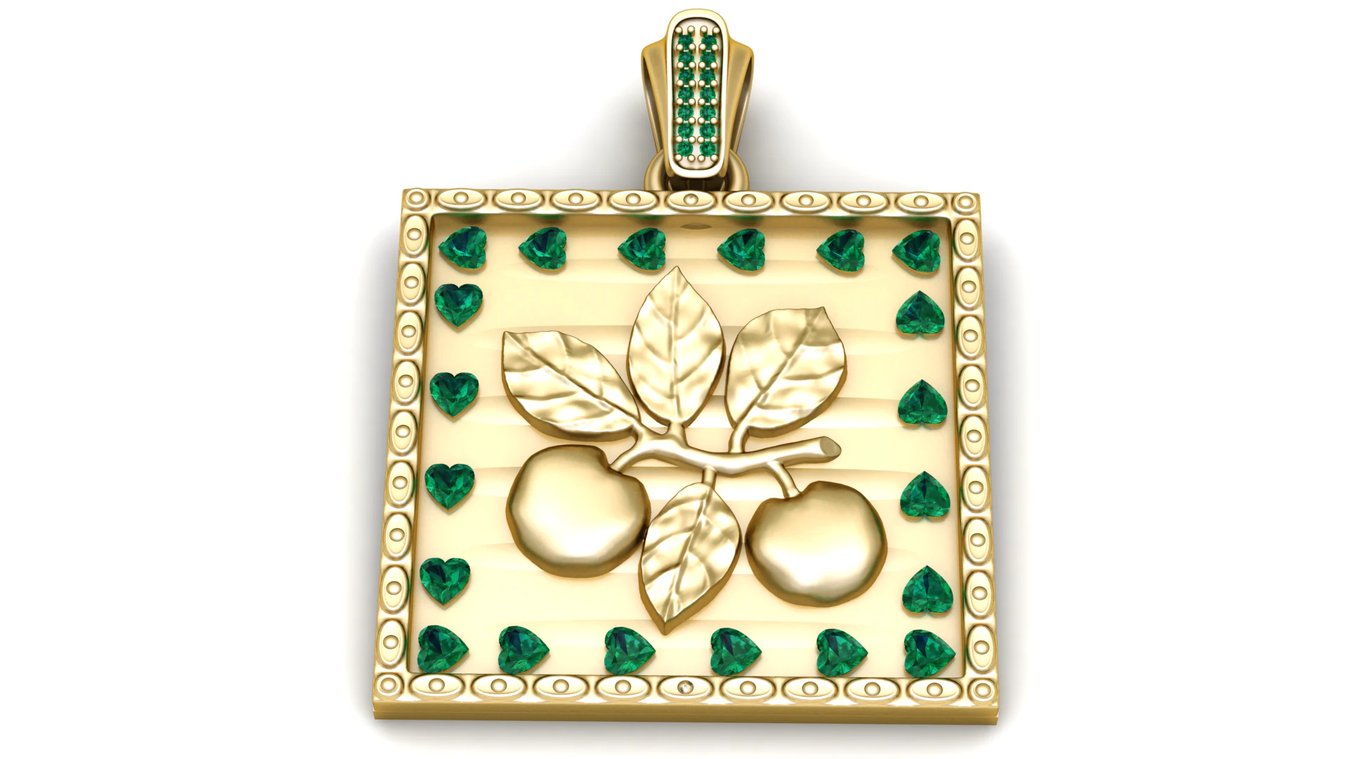 Luxury Apple Branch Gold Pendant with Heart Emerald Border Square Frame 3D Jewelry Model 3D Model .c4d .max .obj .3ds .fbx .stl .blend 