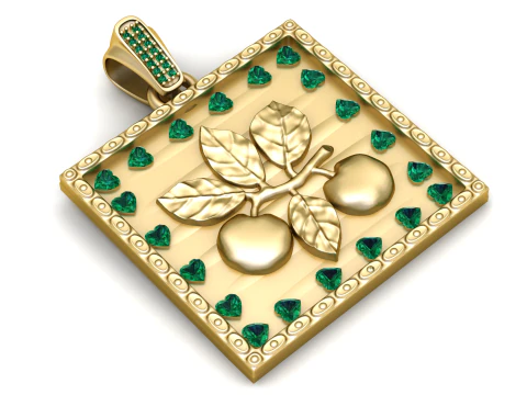 Luxury Apple Branch Gold Pendant with Heart Emerald Border Square Frame 3D Jewelry Model 3D Model