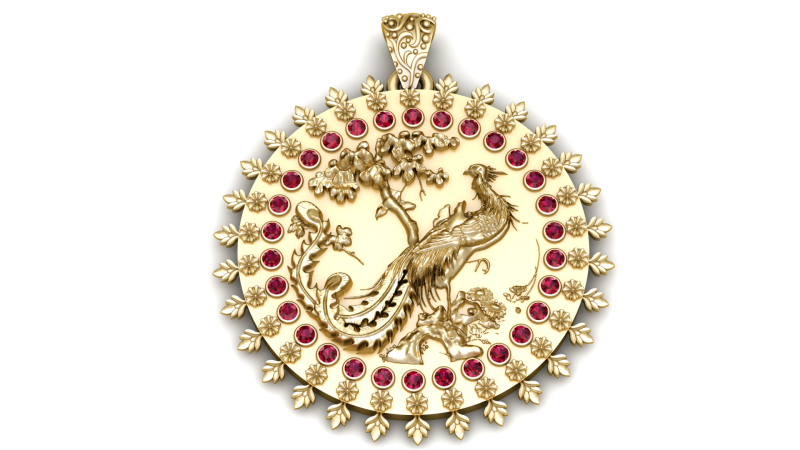 Luxury Peacock Round Gold Pendant with Ruby Stone Halo Floral Border 3D Jewelry Model 3D Model .c4d .max .obj .3ds .fbx .stl .blend