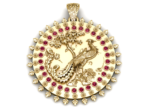 Роскошный круглый золотой кулон в виде павлина с рубиновым ореолом и цветочной каймой, 3D-модель ювелирного изделия 3D Модель
