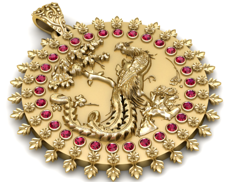Luxury Peacock Round Gold Pendant with Ruby Stone Halo Floral Border 3D Jewelry Model 3D Model