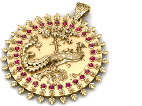 Luxury Peacock Round Gold Pendant with Ruby Stone Halo Floral Border 3D Jewelry Model 3D Model