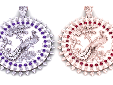 Luxury Peacock Round Gold Pendant with Ruby Stone Halo Floral Border 3D Jewelry Model 3D Model