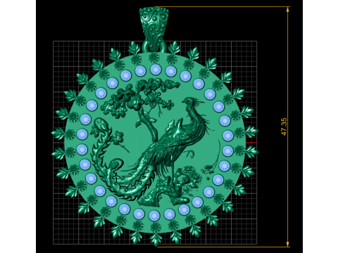 Luxury Peacock Round Gold Pendant with Ruby Stone Halo Floral Border 3D Jewelry Model 3D Model