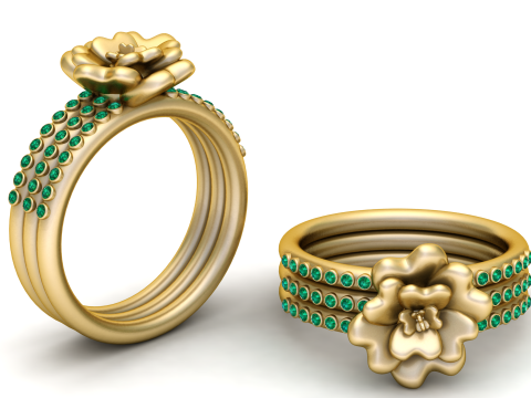 Floraler Smaragd-Dreibandring, luxuriöser Blumen-Statement-Goldring 3D Modell