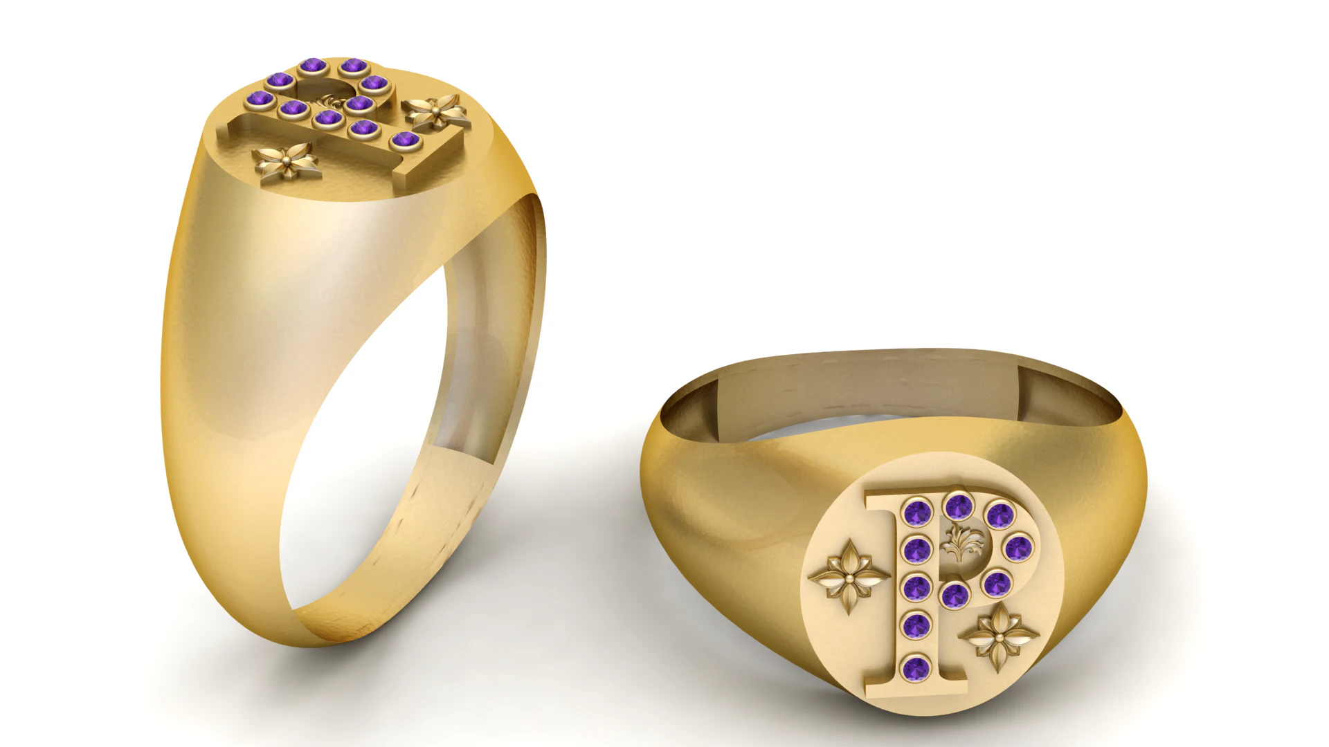 Letter P Signet Ring Diamond Initial Gold Statement Ring 3D Model .c4d .max .obj .3ds .fbx .stl .blend