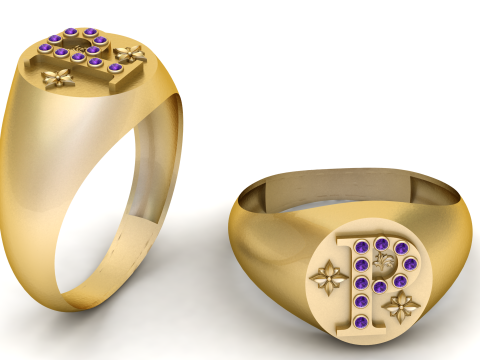 Перстень із печаткою з літерою P. Золота каблучка з діамантом 3D Модель