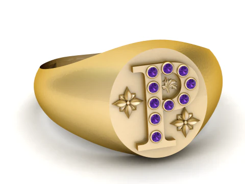 Letter P Signet Ring Diamond Initial Gold Statement Ring 3D Model