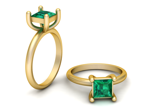 Classic Princess Cut Emerald Solitaire Gold Ring 3D Model