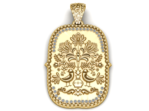 Luxury Gold Floral Bird Engraved Diamond Border Pendant 3D Model