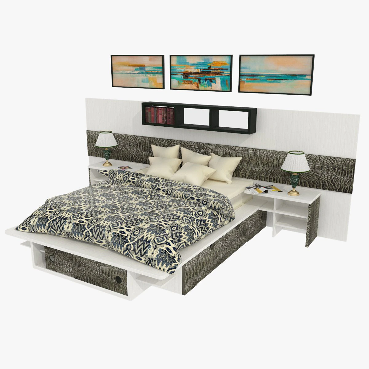 High-quality model of a bedroom set with decorative panels and additional furniture 3D Model .c4d .max .obj .3ds .fbx .stl .blend