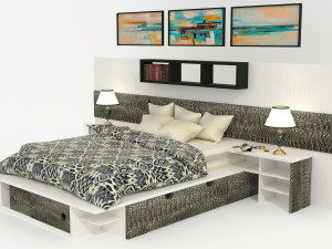High-quality model of a bedroom set with decorative panels and additional furniture 3D 모델