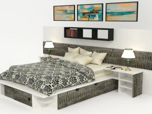 High-quality model of a bedroom set with decorative panels and additional furniture 3D Model