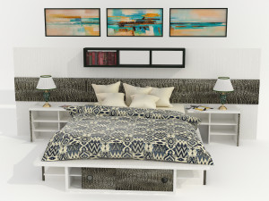 High-quality model of a bedroom set with decorative panels and additional furniture 3D 모델