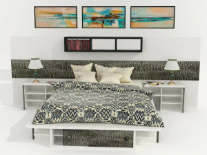 High-quality model of a bedroom set with decorative panels and additional furniture 3D Model