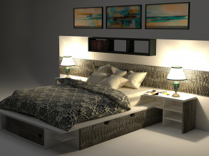 High-quality model of a bedroom set with decorative panels and additional furniture 3D 모델