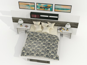 High-quality model of a bedroom set with decorative panels and additional furniture 3D 모델
